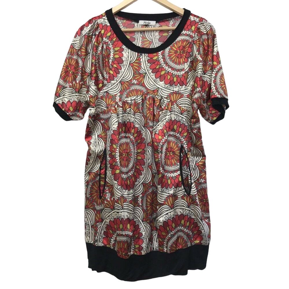 Pixie Dress Womens Medium Tunic Geometric Print Black White Red Yellow